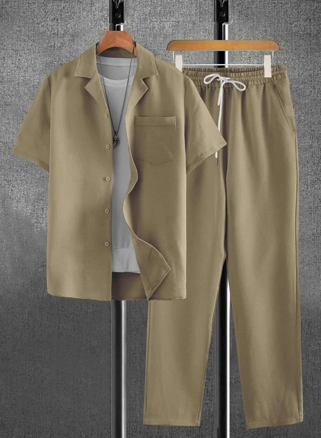 Take Two Men Beige Linen Look Shirt and Trousers Co-Ords